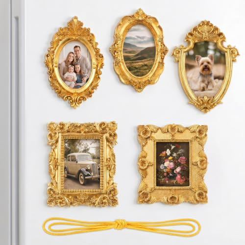 SIMDAO 5 Stück Mini Vintage magnetische Bilderrahmen, Gold Bilderrahmen Barock Set, für den Kühlschrank, Fotorahmen aus Geprägtes Harz, für DIY Dekorationen, Foto Präsentationen und Tischschmuck