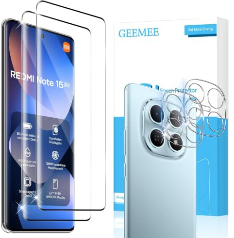 GEEMEE per Xiaomi Redmi Note 15 5G 3D Vetro Temperato, Pellicola Vetro Temperato e Fotocamera Vetro temperato,2+2 Pezzi 9H Protezione Schermo, Anti Graffi HD Protettiva