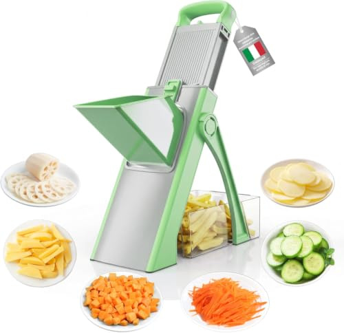 Affettatrice Professionale Mandolina di Verdure, Affettatrice Manuale Verticale con Lame in Acciaio Inox, Spessore Regolabile per Patate Cipolle, Tritaverdure Multifunzionale per Cucina (Verde)