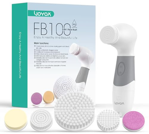 VOYOR Spazzola Pulizia Viso,Elettrica per la Pulizia con 5 Testine + Impermeabile + Funzione massaggio per Restringe I Pori, Riduce I Punti Neri, Adatto a Tutti I Tipi di Pelle FB100 5-IN-1