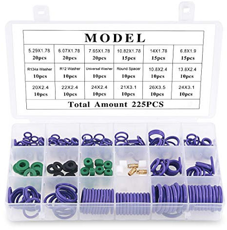 Glarks 18 Size 225Pcs Rubber O-Ring with Spacer Gasket Washer, Assorted Car Auto Vehicle Repair Air Conditioning Compressor Seals Assortment Kit