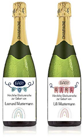 Personalisiertes Etikett für Sektflasche zur Geburt, Geschenk, Champagner, Sekt, Flaschenetikett, Aufkleber, selbstklebend, Sticker, Baby, Junge, Mädchen