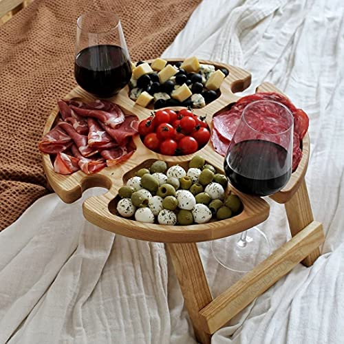 ZYLLZY Faltbarer Outdoor Picknicktisch aus Holz mit Rotweinglashalter, Tragbare Fächerschale für Käse und Obst, Klapptisch für Reisen, Garten, Kleiner Strand