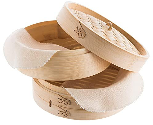 Bamboo Steamer with 2 Levels incl. 2 Cotton Cloths,Traditional Cooking for Rice, Dim Sum, Vegetables, Meat and Fish,18cm