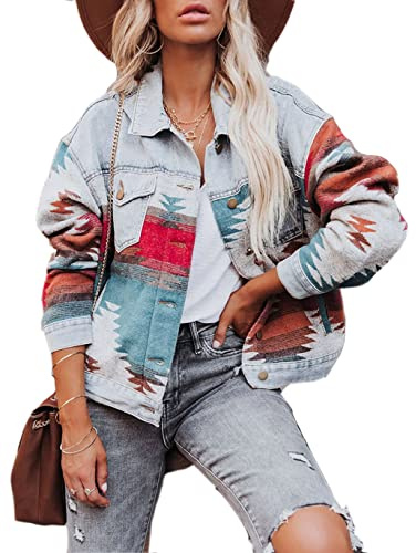 Haellun Aztec Shacket Stentvättad jeansjacka med , långärmad, med knappar, denimjacka, för kvinnor, M