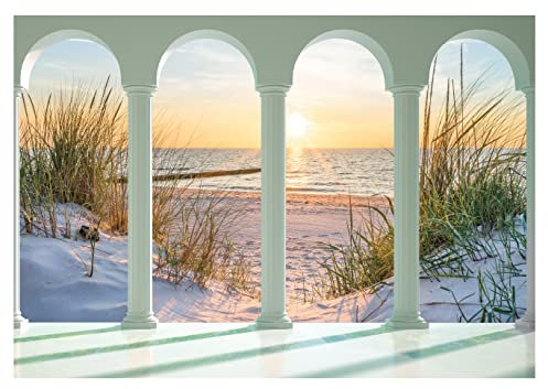 WallArena - Vlies Fototapete Strand Meer Nordsee Terrasse Fenster 368x254 cm - Fototapeten - Tapeten - für Wohnzimmer Schlafzimmer - Vliestapete Wandtapete Tapete 3D Effekt- inkl. Kleister