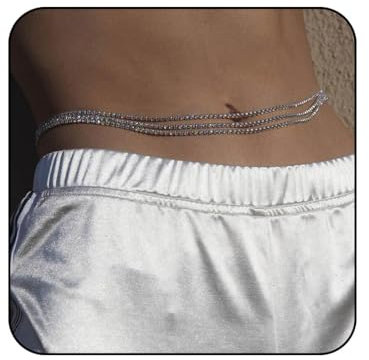 Zookey mehrlagige Strass-Taillenkette, glitzernde Kristall-Bauchkette, Silber, Rave-Nachtclub-Körperkette, Schmuck für Frauen und Mädchen