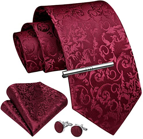 Enlision Herren Krawatte und Taschentuch Herrenkrawatten Krawattenklammer mit Manschettenknöpfe Krawatten Einstecktuch Set Rot