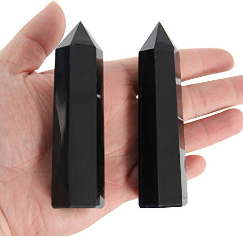 2 Stück 9-10cm Obsidian Quarz Zauberstab, Obsidian Quarz Kristall Stäbe Säule Zauberstab, Obsidian Quarz Heilkristall Zauberstab, Kristallturm aus Obsidian Quarz, Torre di Obsidian Quarz