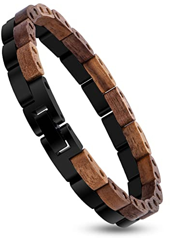 2win Wooden Bracelets for Men Walnut & Stainless Steel Link Chain Fashion Mens Bracelets Bangle Jewelry Gifts - 0.3inches Unique Gifts for Anniversary, Birthday, Weding, Graduation Walnut-B