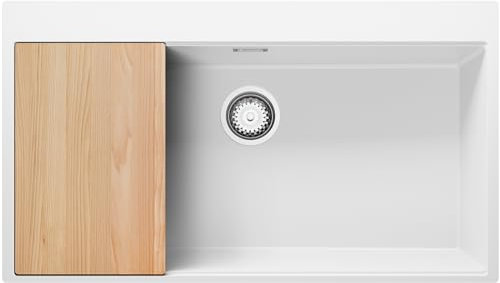 PRIMAGRAN Evier Cuisine en Granit Blanc 88x50cm, Lavabo 1 bac + Kit de Vidage + Planche à Découper, Évier à Encastrer al mueble 90cm - Oslo S706