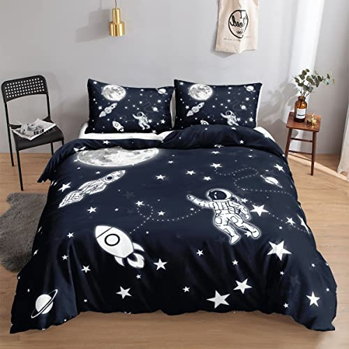 HOSIMA Weltraum-Astronauten-Bettwäsche-Set für Jungen, Mädchen, Kinder, Universum, Raumschiff, Cartoon, Mond- und Sternendruck, Bettbezug mit 2 Kissenbezügen (Astronaut S)