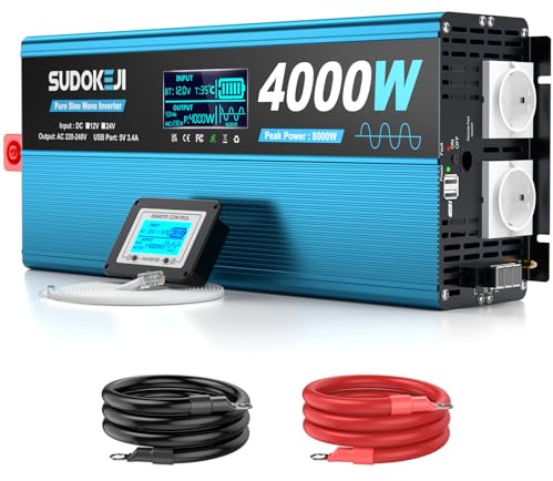 Wechselrichter 12V auf 230V Reiner Sinus 4000W Spannungswandler Umwandler-Inverter Konverter mit Fernbedienung LED-Anzeige 2 EU-Steckdosen & 2 USB-Anschluss für Wohnwagen, Boot, Camping