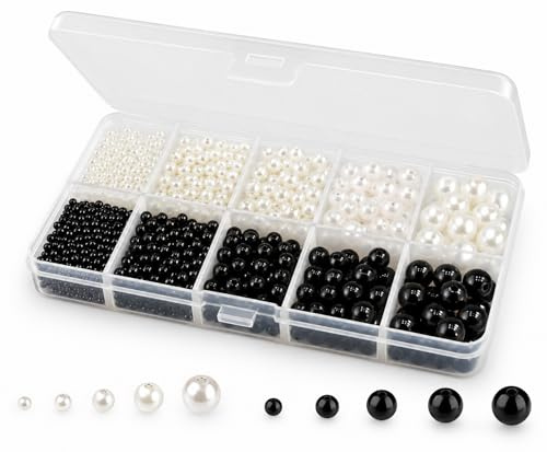 Perlin Perlenset 1530 Stück Schmuckperlen Weiß Schwarz 3 mm 4 mm 5 mm 6 mm 8 mm Wachsperlen mit Sortierbox für Schmuckherstellung Armbänder Halsketten DIY Basteln Dekoration
