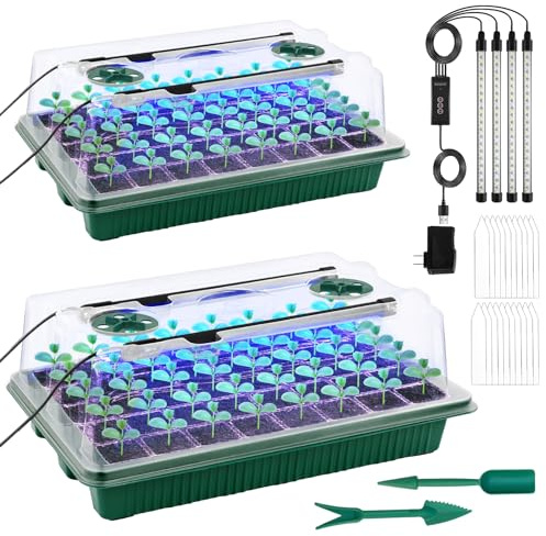 NEWKITS 2 Packs Starter Tray with Grow Light, 80 Cells Seed Starter Kits with Humidity Dome and Base Plant Germination Seedling Starter Kit with Smart Timer for Indoor Greenhouse Wheatgrass Hydroponic