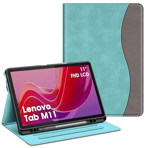 Fintie Hülle mit Stifthalter für Lenovo Tab M11 (TB330) 11 Zoll 2024, Soft TPU Rückseite Gehäuse Schutzhülle mit Dokumentschlitze und Multi-Winkel Ansicht, Nicht für Lenovo Tab P11 11 Zoll, Türkis