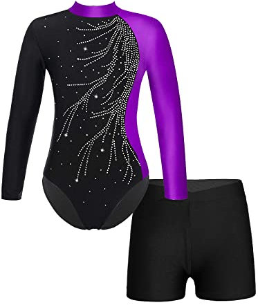 Yruioon Kinder Mädchen Gymnastikanzug Langarm Turnanzug Glitzer Ballettanzug mit Kurze Hose Ballett Trikot Tanzbody Wettbewerb Tanzkostüm Lila 158-164