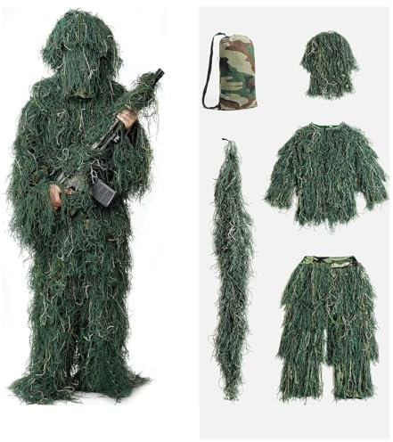 HAZARA 5 in 1 Ghillie Suit Ropa De Caza De Camuflaje 3D Disfraz De Bosquimano Incluyendo Chaqueta,Pantalones,Capucha,Bolsa De Transporte para Paintball, Disfraz De Halloween,Forestgreen-Adults