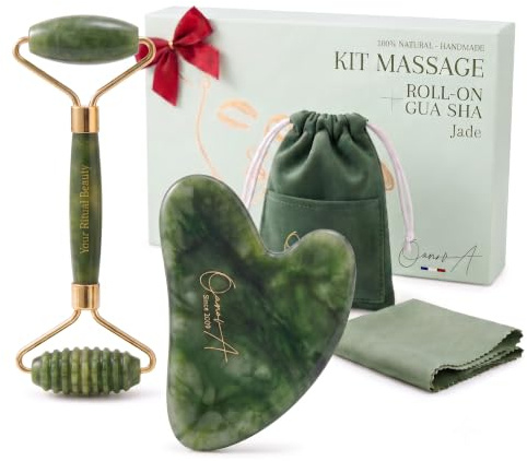 Jade Gesichtsroller und Gua Sha Stein Set - 2-in-1 Massageroller mit Glatter & Akupressur Seite - Echtes Jade Gesichtsmassagegerät für Skincare & Lymphdrainage - Face Roller [OanovA]