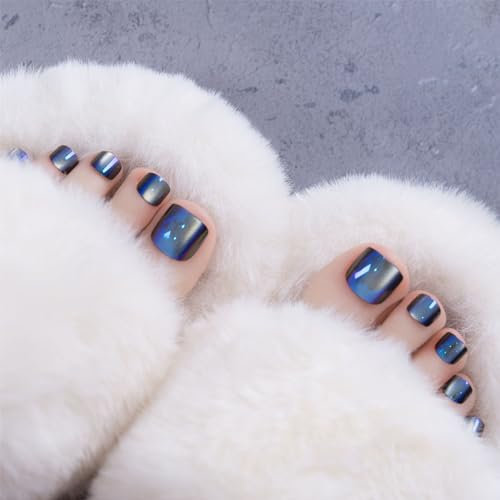 NICENEEDED 24 PCS Blue Press on False Toe Nails, Coffin Glue on Acrylic Toenails, Glossy Reusable Artificial Stick on Fake Toe Nails for Women Nail Salon and Nail Decoration Halloween