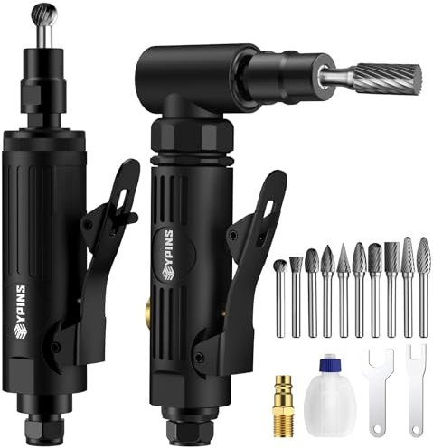 EYPINS Druckluft Stabschleifer- 90° Winkelschleifer Kombination, Druckluftschleifer Gesenkschleifer set mit 1/4,1/8 Spannzangen, 10 Hartmetall Frässtifte für Schleifen, Metallpolieren, Entgraten