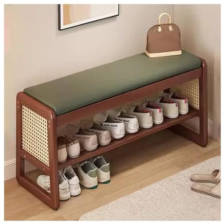 MARIYCH Schuhregalbank aus massivem Holz, 2-stufige Aufbewahrungsbank aus Holz im Eingangsbereich mit weichem Kissen, Schuh-Organizer-Bank für Schlafzimmer und Wohnzimmer