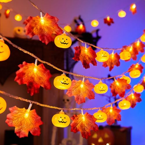 Herbstdeko Herbstbeleuchtung 4.5M 30 LEDs Ahornblatt Kürbis Halloween Lichterkette Batteriebetrieben Dekorative LED Lichter für Innen und Außen Dekoration Herbst