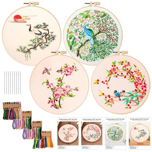 Stickset Embroidery Kit 4 Stück, Stickset für Anfänger, Sticken Set Erwachsene, Stick Sets zum Sticken Anfänger Stickbilder Vorgedruckt Kreuzstich mit Stickrahmen für DIY Kunst, Handwerk