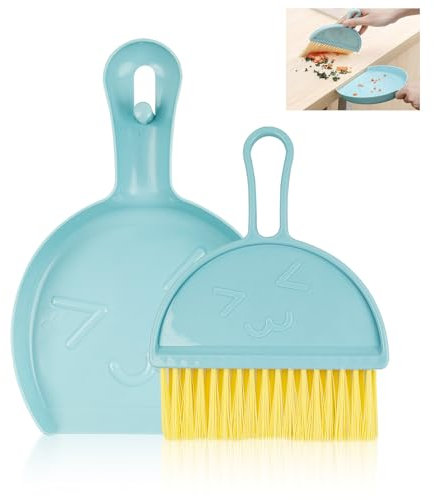 Mini Dustpan and Brush, Blue Broom and Dustpan Set, Portable Cleaning Brush and Dustpan Combo, Flexible Lip, Perfect for Dust, Dirt and Crumbs, Ideal for Most Hard Surfaces, Space Saving Design