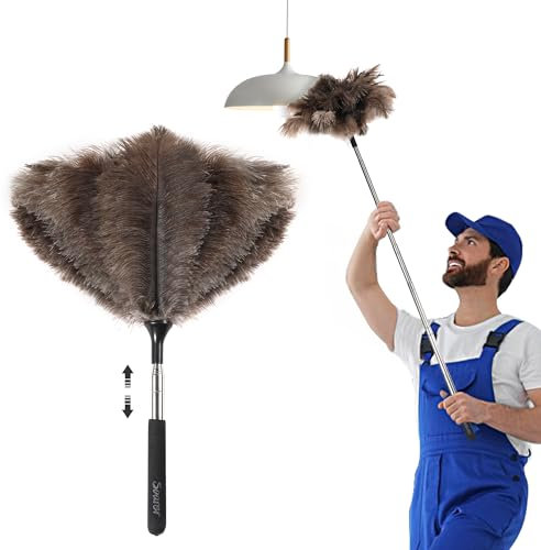 Soarer 40 Inch Ostrich Feather Duster - Extendable Handle, Wood Handle, Fluffy Natural Genuine Feathers, Ideal for Home, Car, Office Cleaning