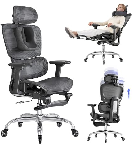 LarkLeaves Ergonomisk Kontorsstol med Fotstöd, Justerbar Skrivbordsstol i Nät med 3D Armstöd och Adaptivt Svankstöd, 145° Lutning, Hög Rygg för Hemmakontor, Svart