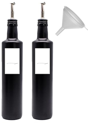 Generisch Ölflasche mit Ausgießer schwarz-matt aus Glas und wasserfeste Etiketten inkl. Trichter (2x 250 ml)