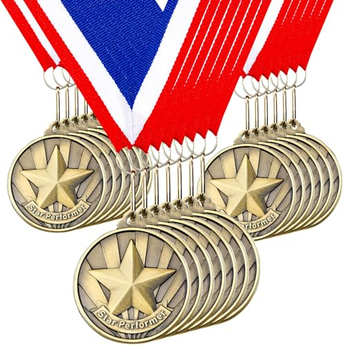 Quelay 100 Pcs 2'' Award Medals Bulk Gold Winner Medals with Neck Ribbons Metal Trophy Award Prize Gift for Tournaments, Competitions, Party, Kids and Adults(Star Performer)