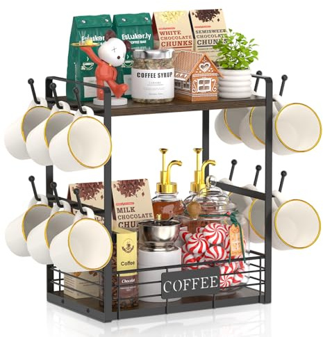 EsLuker.ly 2 Etagen Tassenhalter Stand für Arbeitsplatte, 12 Haken Tassenregal Wand mit Aufbewahrungskorb, Metall Holz Tassenständer Tassen Organizer für Kaffeebar Küche, Braun-Schwarz | Becherständer für Arbeitsplatte, Küche, Aufbewahrungsregal mit 12 Haken, Kaffee-Ecken-Verstärker