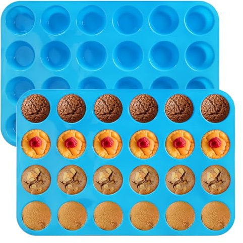 AUTOWNLUX Mini Muffins Backform, 2 Stück Mini 24 Tassen Muffinform Silikon mit Silikonspachtel und Ölbürste, BPA Frei, Antihaft Muffin Silikonförmchen für Herstellung von Muffin-Kuchen (Blau)
