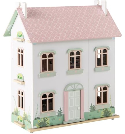 DREAMADE Maison de Poupées avec Meubles, 3 Niveaux, Maison de Jouet Réaliste avec Toit Bicolore, Panneau Avant Ouvrable, Idéal pour Enfants de 3 à 7 Ans, 55 x 33,5 x 66 cm, Rose