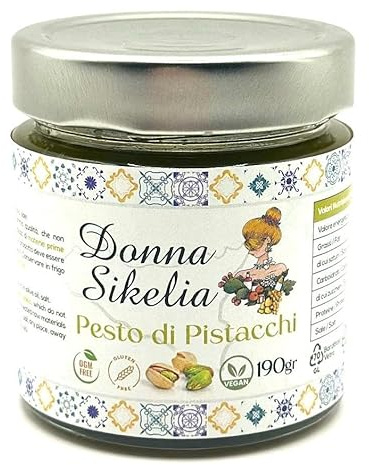 Donna Sikelia Pesto di Pistacchio 65% Siciliano 190g | Con il 65% di pistacchi, olio extravergine di oliva e gusto intenso, ideale per pasta, bruschette e risotti.