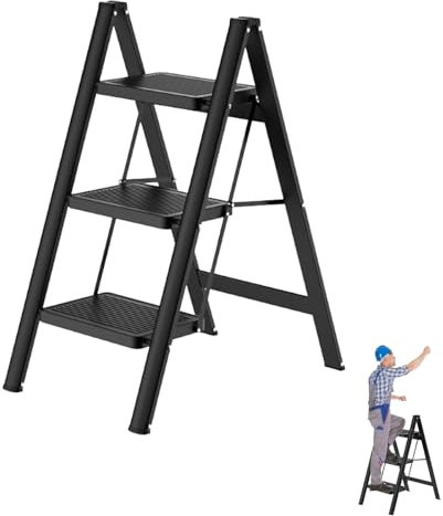 3 Step Ladder with Anti Slip Steps and Feet, Portable Folding Step Stool Heavy Duty Steel Step Ladder, Easy to Store for Home, Kitchen, Gardening, Garage Household Ladder