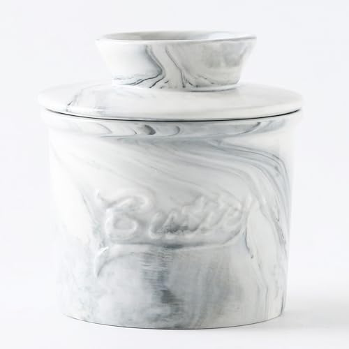Duscdesp Butterdose Porzellan, Runde Butterbehälter Keramik mit Wasserkühlung, Französische Butterdose mit Deckel, Butterglocke Butterdosen für Frische und Streichfähige Butter (Grau Marmor, 10cm)