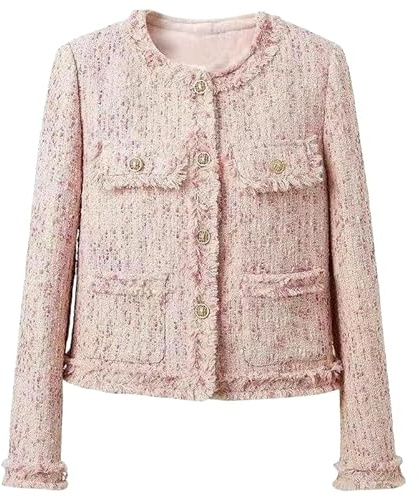 JYHBHMZG Veste en tweed à franges bleues romantiques pour femme Col rond Automne, rose 1, L
