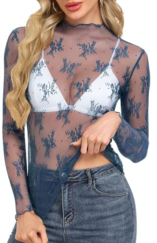 WNEEDU Mesh Oberteile Damen - Netzoberteile Sptizen Durchsichtiges T-Shirt Sexy Party Tops Langarmshirt Elegant Mesh Sheer Bluse mit Rüschenkragen Dunkelblau M