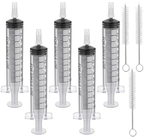 10ml Syringes with Cap, 5 Pack No Needle Syringes for liquid,Pet Feeding,Scientific Labs,Dispensing,Oil or Glue Applicator, With Straw Brush, Individual Packaging Plastic Syringe