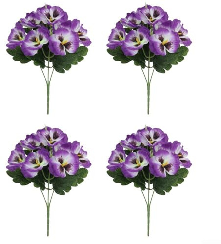 Artificial Pansy Flowers Set 4 Pieces Realistic Multicolor Decorative Plants Indoor Outdoor Home Decor Wedding Party Centerpiece Arrangements with Flexible Stems 14inch(Purple)