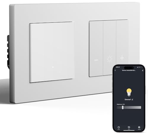BSEED Smart Interruptor 1 Gang 1 Vía y WiFi Atenuador con Marco PC,Interruptor Regulador LED Empotrado Compatible con Alexa y Google Home,Blanco(Requiere Cable Neutro)