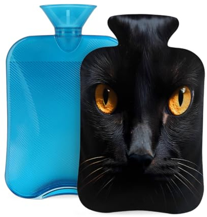 Mexpekil Bolsa de agua caliente con diseño de ojos de gato negro con funda, bolsa de agua caliente de PVC de 2 litros para aliviar el dolor, pies, espalda, calor