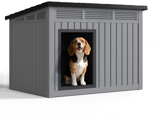 Jatindear Dog House Indoor Outdoor, Waterproof Dog House for Small to Medium Dogs,Easy to Assemble and Clean, Doghouse with Air Vents and Elevated Floor,Openable at The Top,Grey,32.2×25.12×24.13