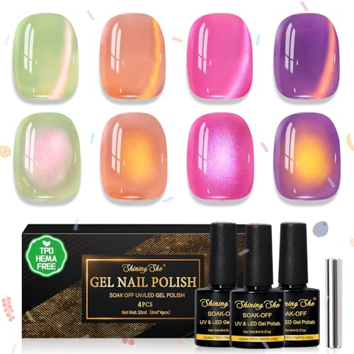 Shining She UV nagellack pastellmagnet kattöga, 4 färger HEMA-Free TPO-Free gel nagellack gelé glas kristaller grön brun rosa lila kattöga uv gel soak-off UV vår för manikyr salong gör-det-själv, 8 ml
