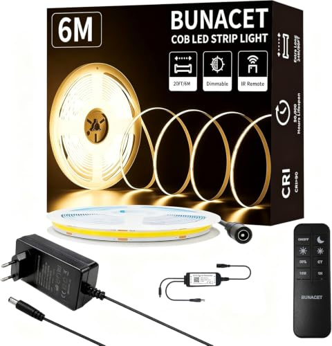 BUNACET COB LED Streifen 6M Warmweiß 3000K Dimmbar LED Band set 24V | Fernbedienung Ideal für Küche, Schlafzimmer, Schrank, TV-Hintergrund, Regal und indirekte Wohnraumbeleuchtung.