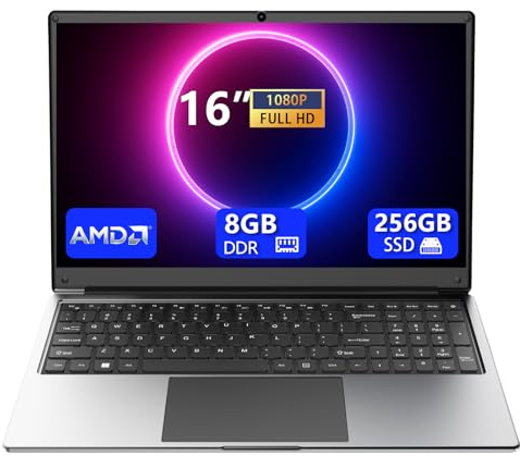 laptop 16-inch 8GB DDR 256GB SSD portable laptop computer, expandable to 1TB, AMD A9-9400 Radeon R5 CPU up to 3.2 GHz, 9000mAh battery, Numeric Keypad, USB 3.0, dual-band WiFi, webcam, slim laptops