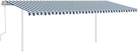Auvent à bras articulé, 6 x 3 m, bleu et blanc, rétractable avec poteaux, aluminium revêtu par pulvérisation et fer, tissu 100 % polyester avec revêtement en polyuréthane, protection solaire parfaite